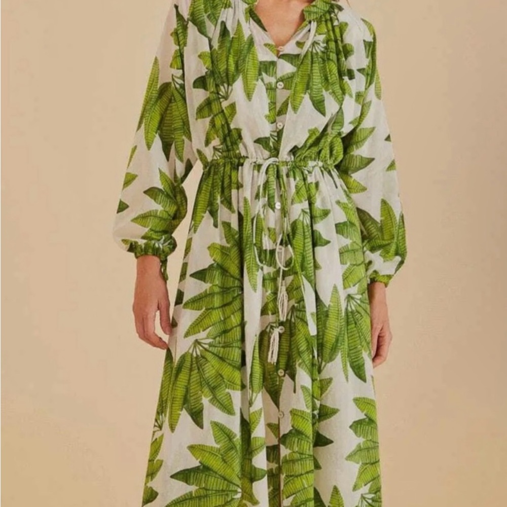 Green Leaf Print Long Sleeve Maxi Cover-Up